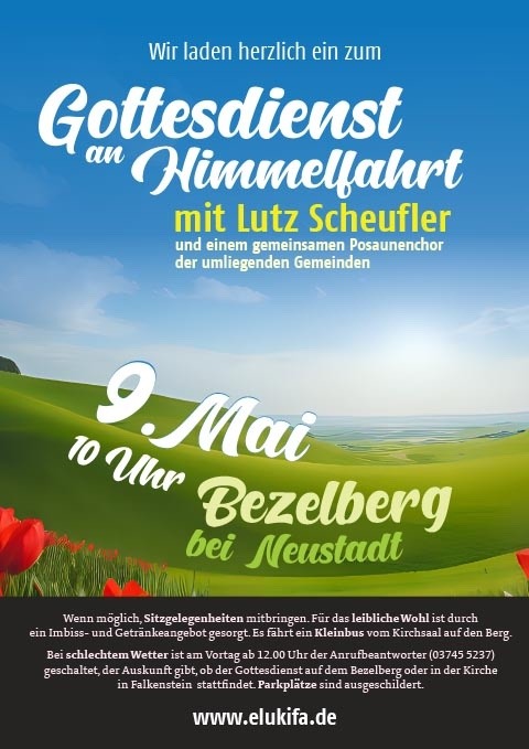 Plakat Gottesdienst an Himmelfahrt 2024 in Bezelberg mit Lutz Scheufler